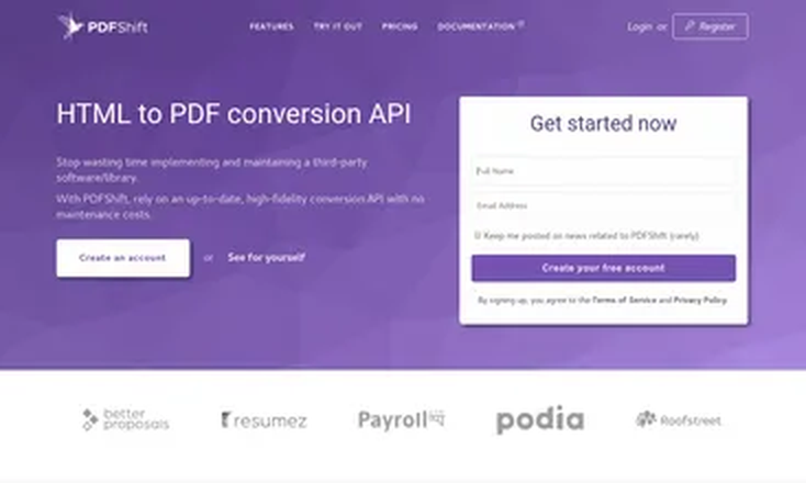 Ранний экран PDFShift с формой начала работы