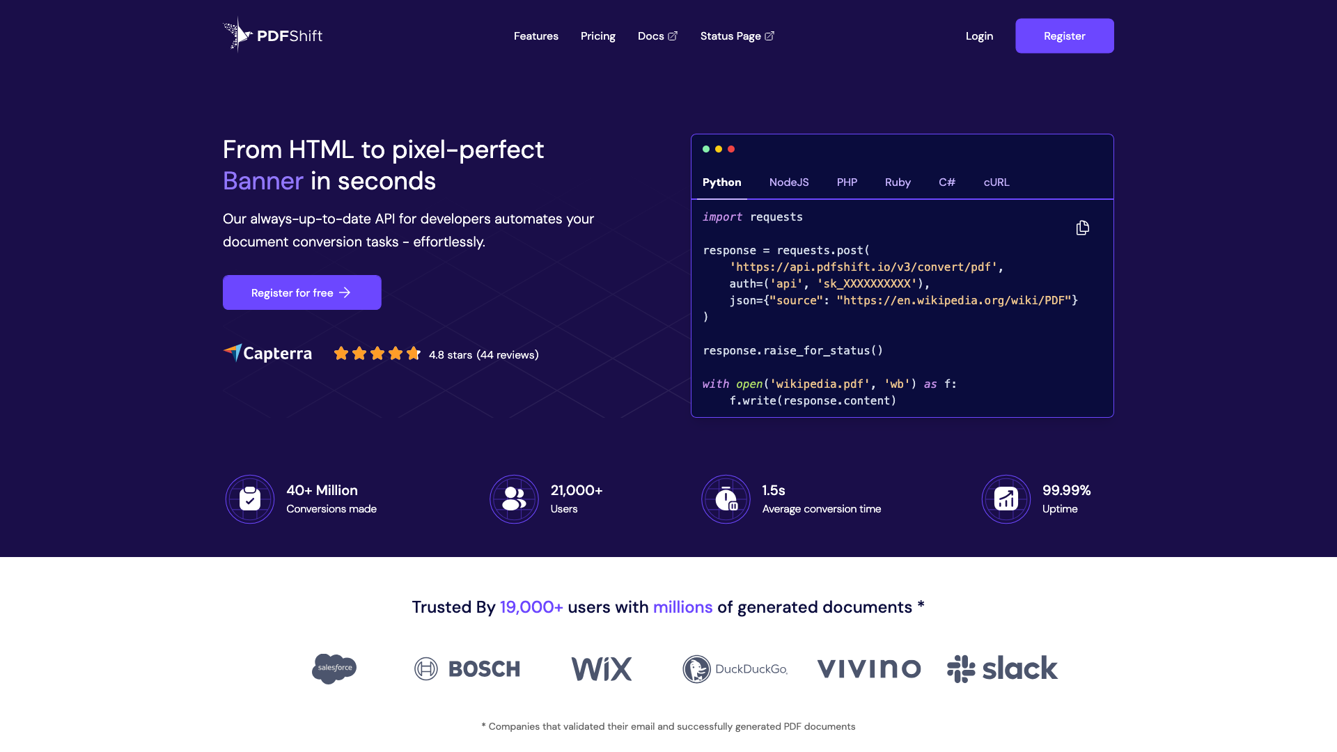 Экран тарифных лимитов и параметров PDFShift