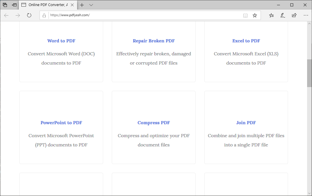 Каталог инструментов PDFYeah с Word to PDF, Repair, Excel to PDF, PowerPoint to PDF, Compress и Join