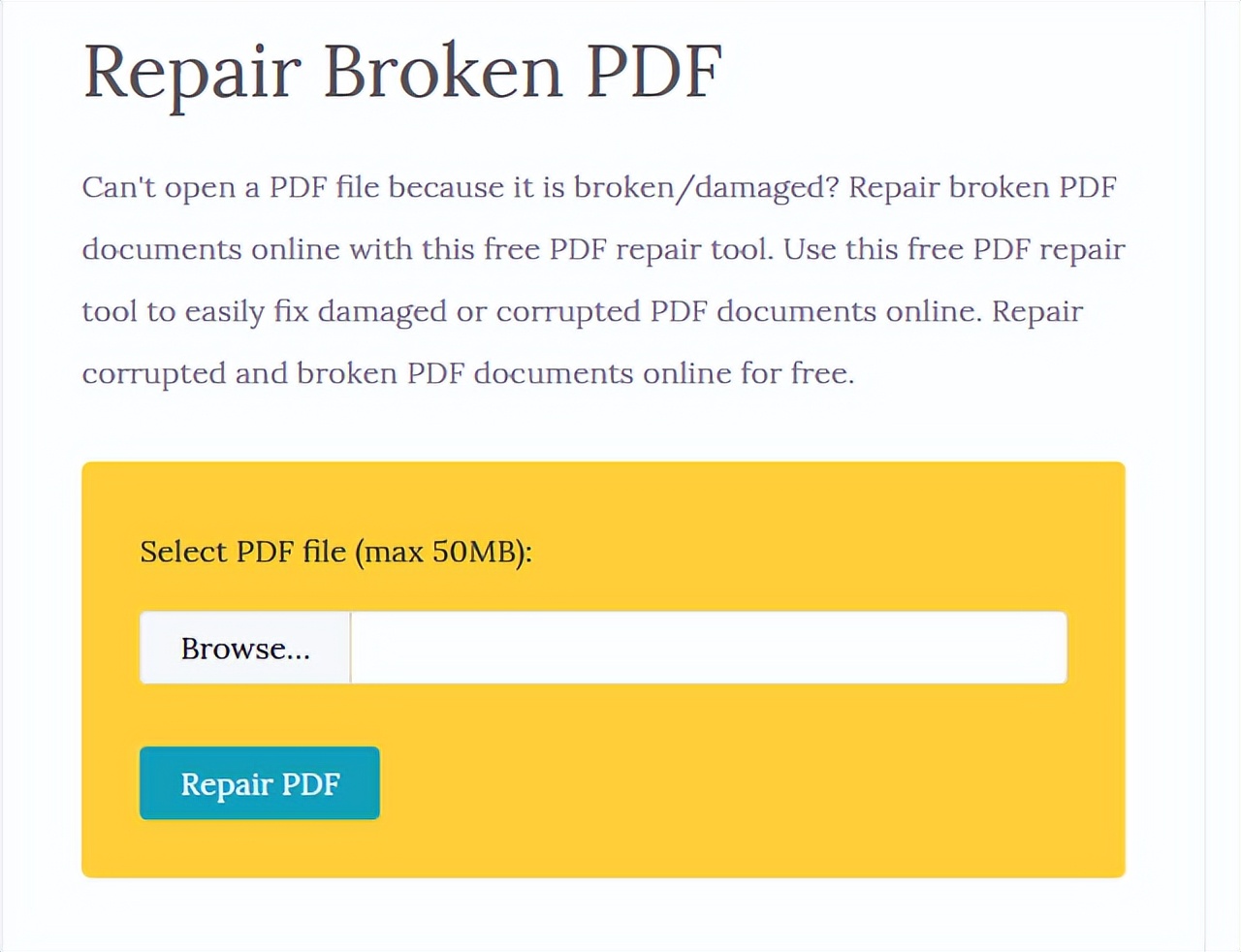 Страница Repair Broken PDF в PDFYeah с выбором файла до 50 МБ