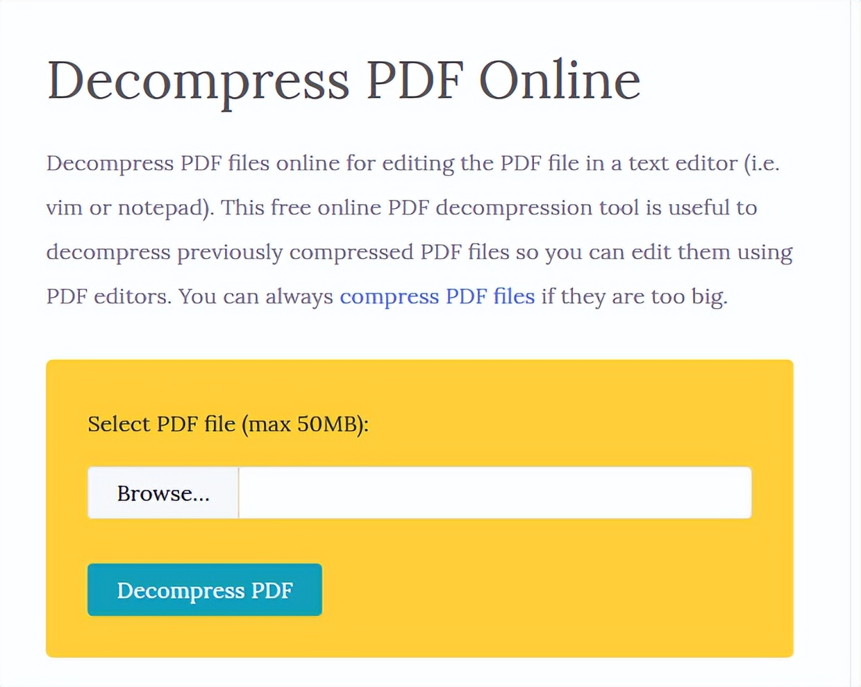 Инструмент Decompress PDF Online в PDFYeah