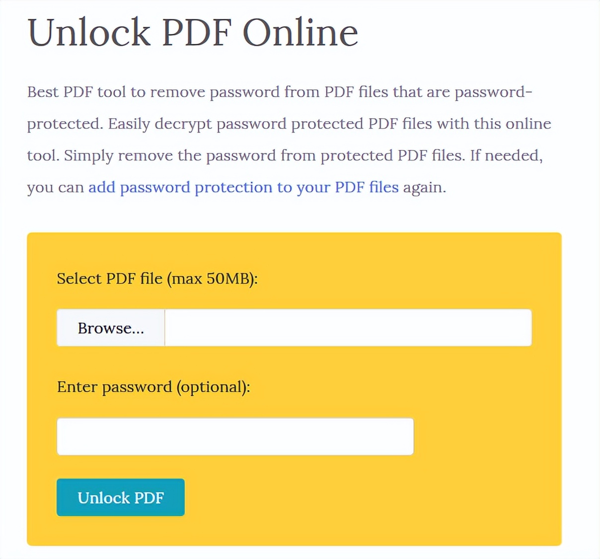 Инструмент Unlock PDF Online с полем необязательного пароля