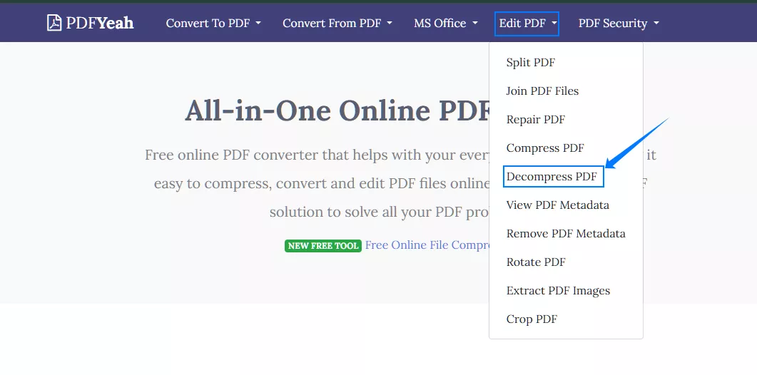 Меню Edit PDF в PDFYeah с командами Split, Join, Repair, Compress, Decompress, Metadata, Rotate, Extract и Crop