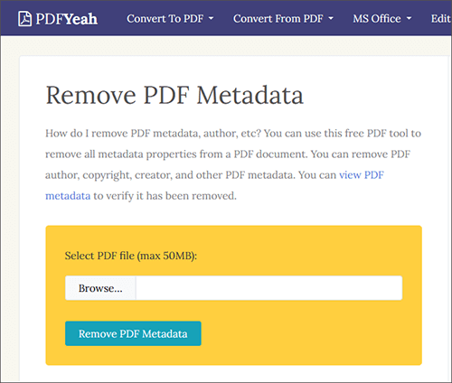 Инструмент Remove PDF Metadata в PDFYeah