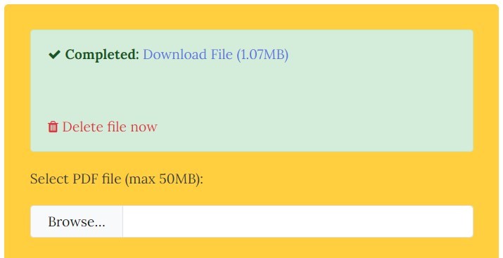 Состояние Completed в PDFYeah со ссылкой Download File и действием Delete file now