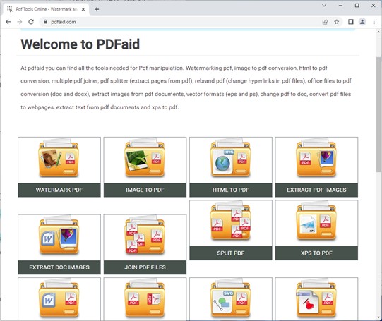 Исторический интерфейс PDFaid с сеткой отдельных PDF-инструментов