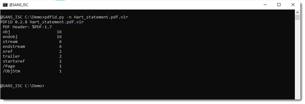 Сокращённый вывод PDFid с обнаруженным ObjStm