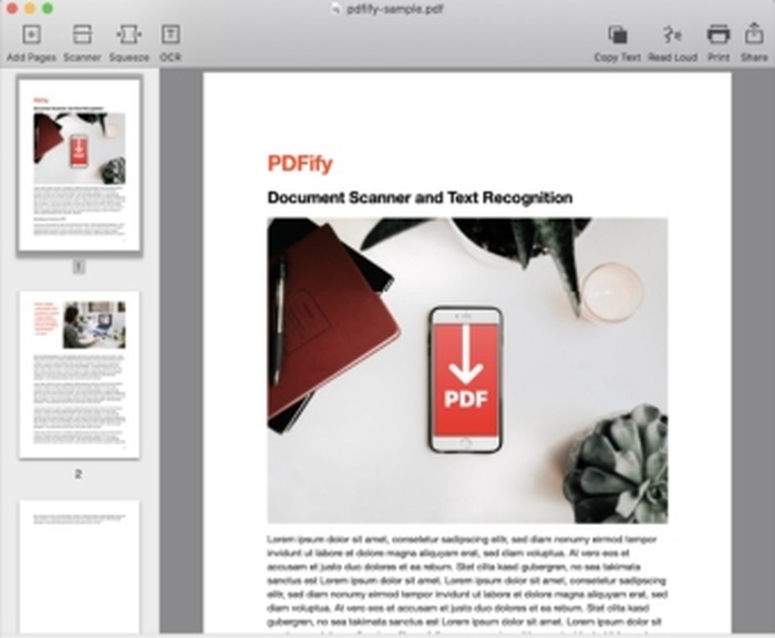 Открытый многостраничный документ PDFify с колонкой миниатюр
