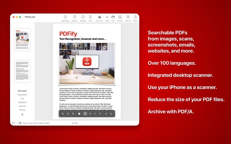Главное окно PDFify с миниатюрами, просмотром страницы и панелью операций