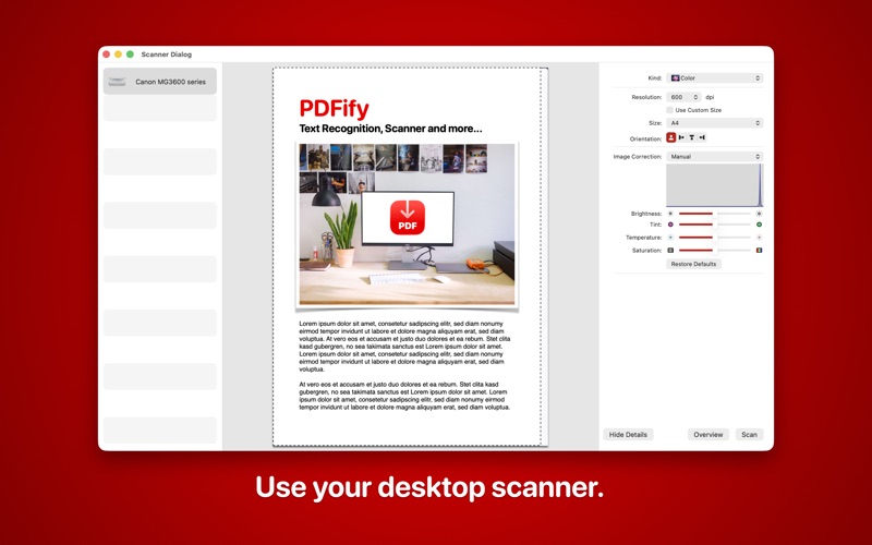Диалог сканирования PDFify с выбором устройства, разрешения и области листа
