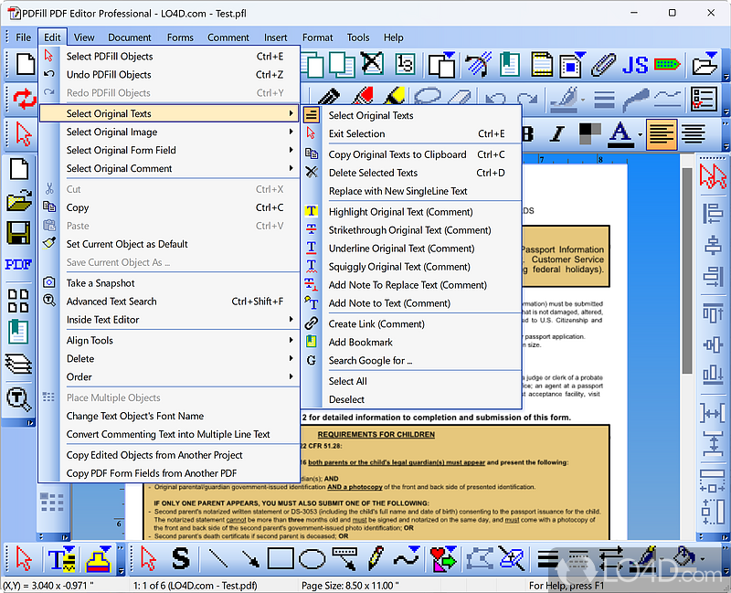 Команды редактирования исходного текста в меню Edit PDFill PDF Editor