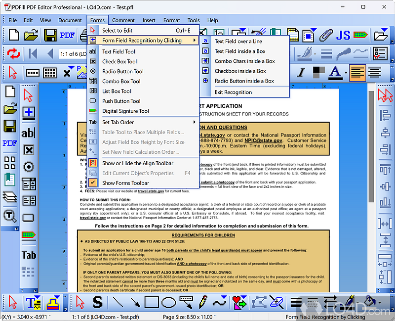 Меню Forms PDFill PDF Editor с инструментами создания полей формы