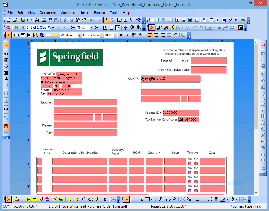 Заполненная PDF-форма в окне PDFill PDF Editor