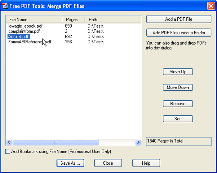 Окно объединения PDF в PDFill PDF Tools