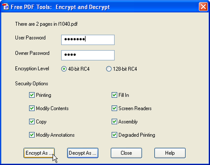 Настройки шифрования и разрешений PDFill PDF Tools