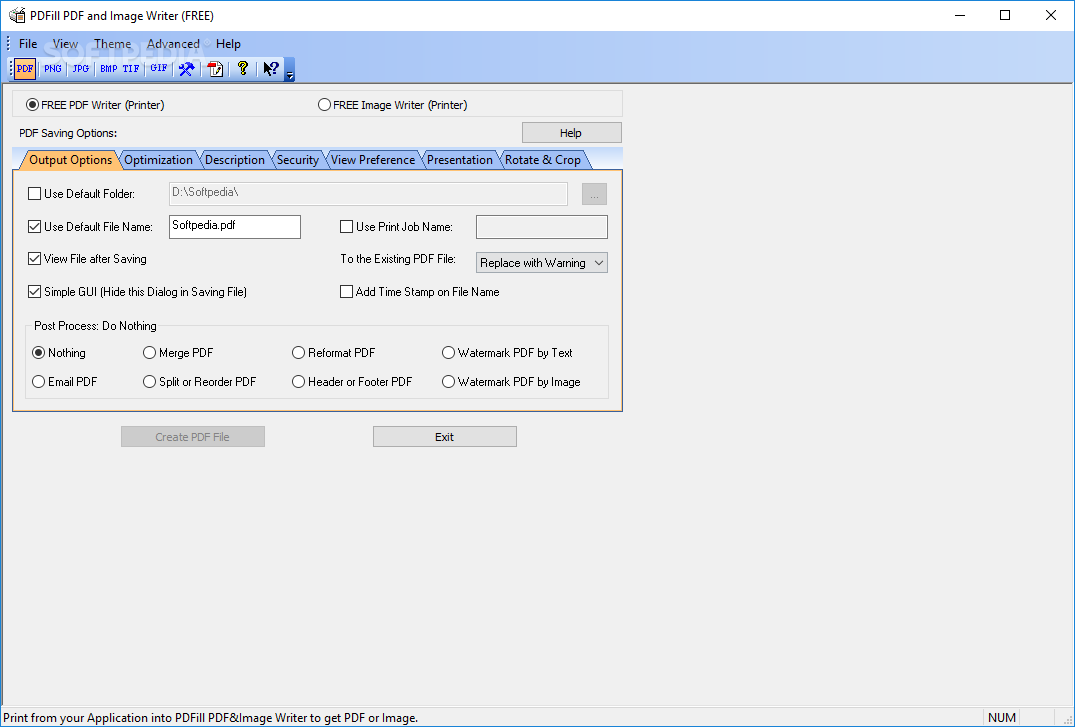 Вкладка Output Options PDFill PDF Writer