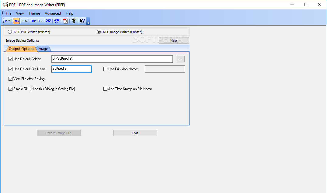Параметры папки и имени в режиме PDFill Image Writer