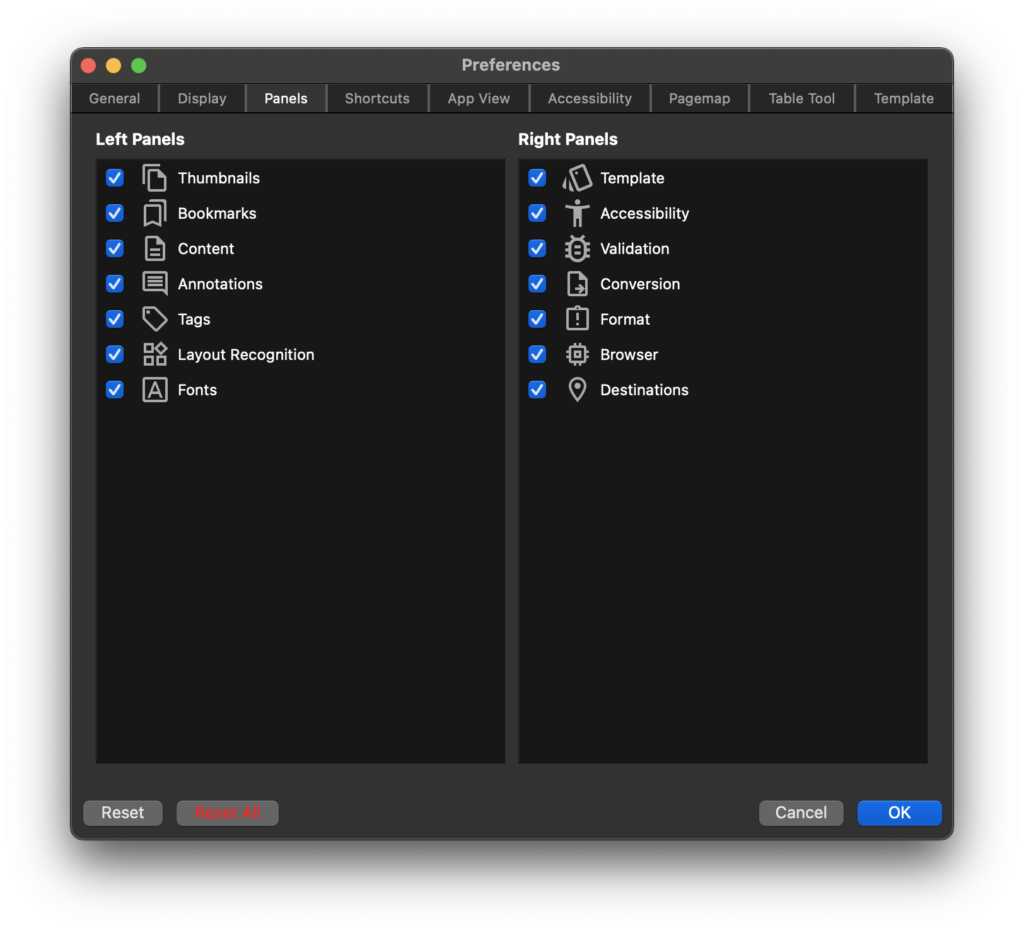 Выбор боковых панелей PDFix Desktop