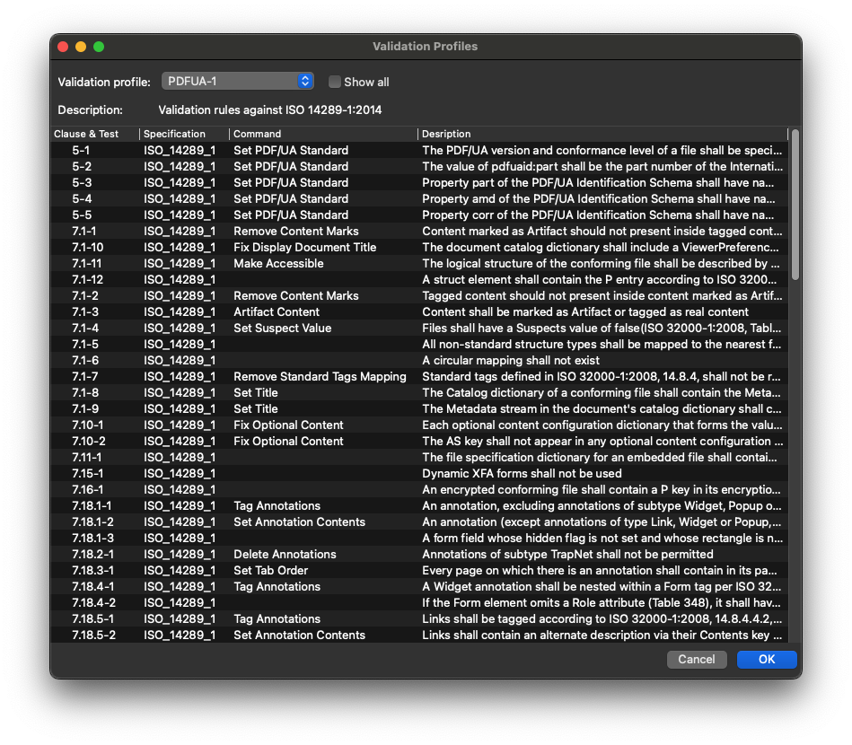 Профили правил валидации PDFix Desktop