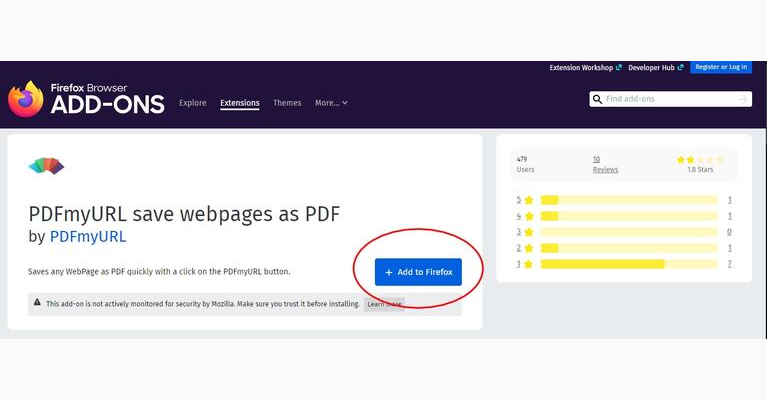 Карточка расширения PDFmyURL в каталоге Firefox