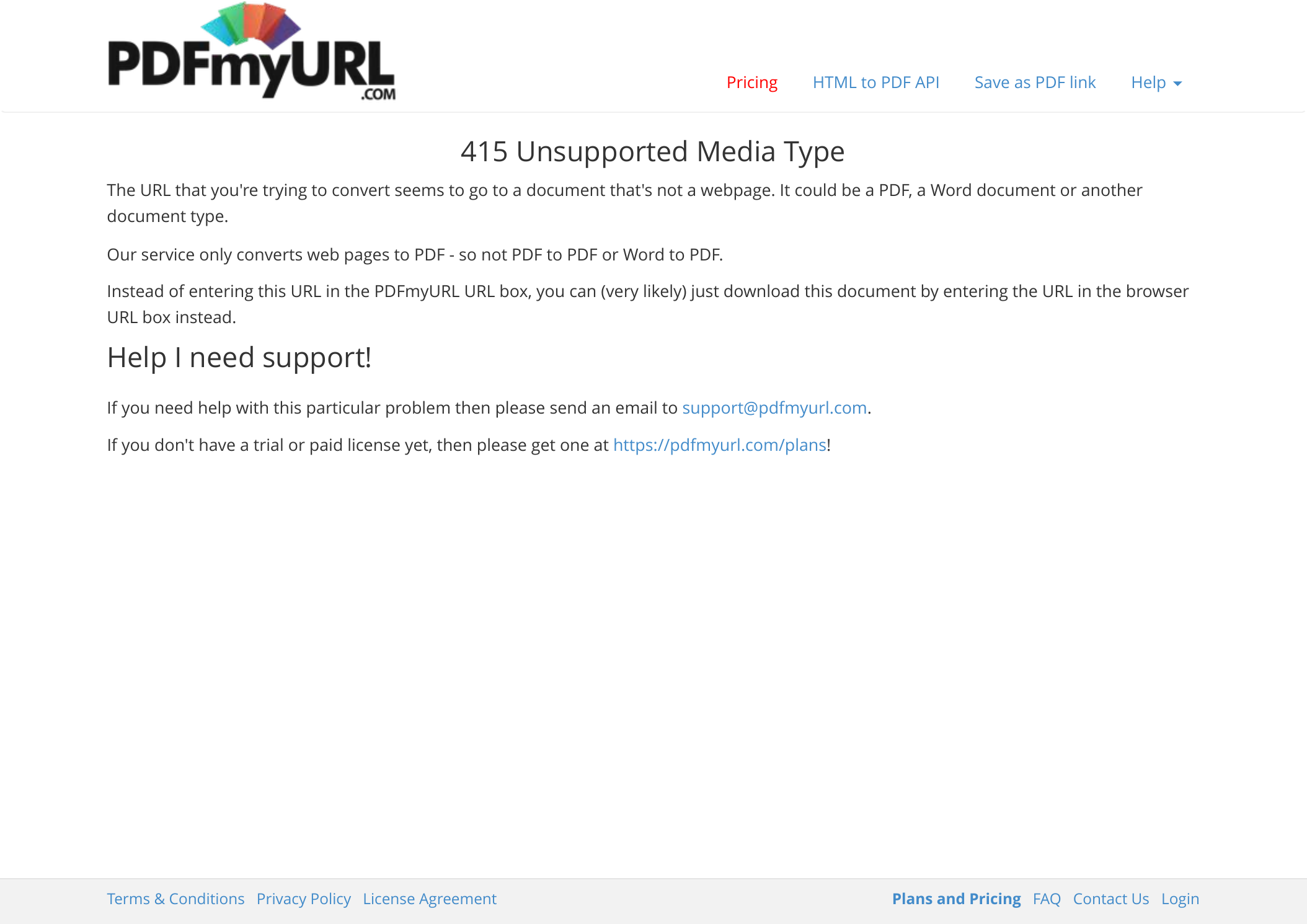 Сообщение PDFmyURL о неподдерживаемом типе данных