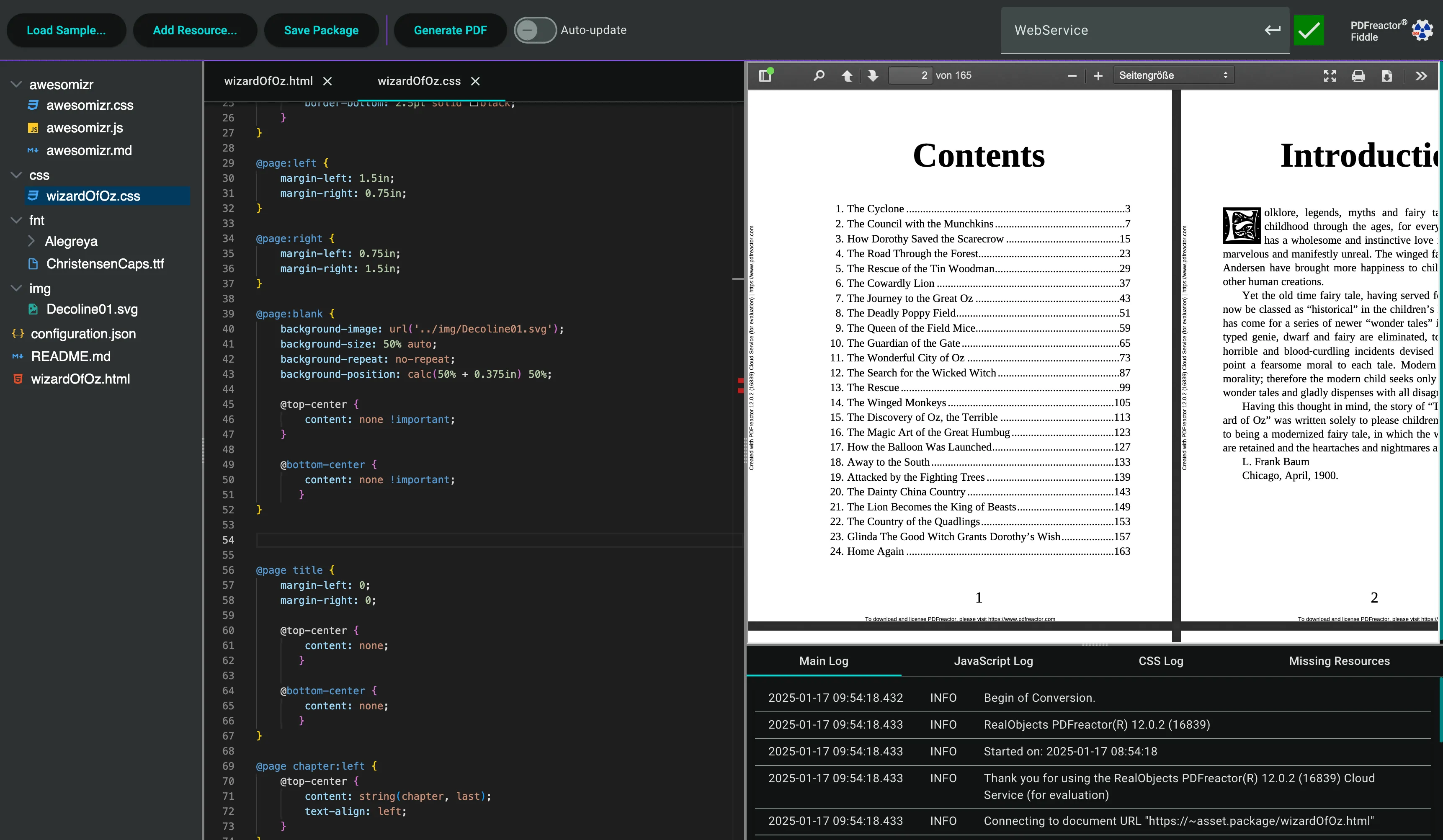 PDFreactor Fiddle с редактором кода, PDF-предпросмотром и журналами