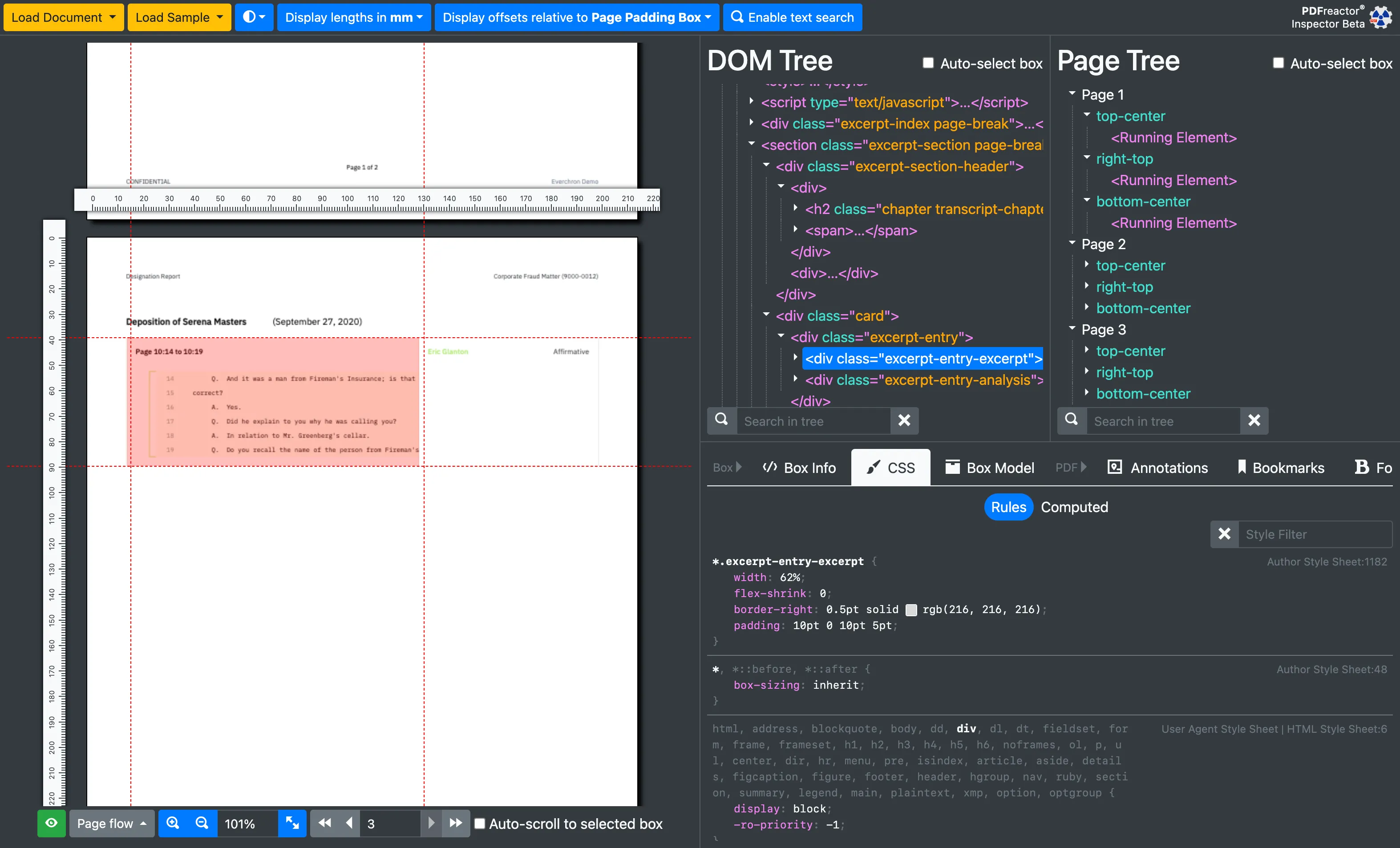 PDFreactor Inspector с PDF, DOM-деревом и рассчитанными CSS-свойствами