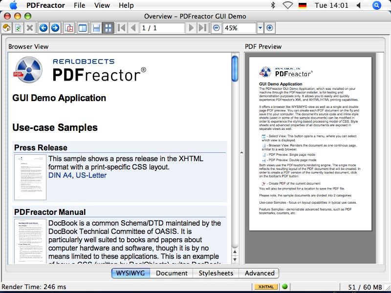 Окно PDFreactor GUI Demo с браузерным представлением и предпросмотром PDF