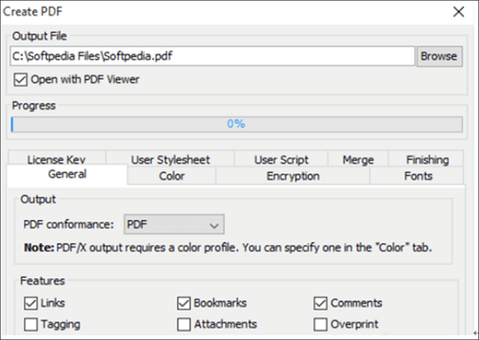 Диалог Create PDF в PDFreactor с параметрами соответствия и функций PDF
