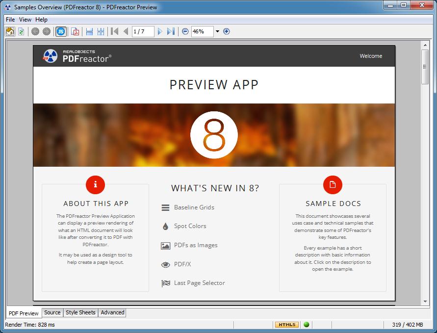 PDFreactor Preview с демонстрационной страницей и вкладками исходника
