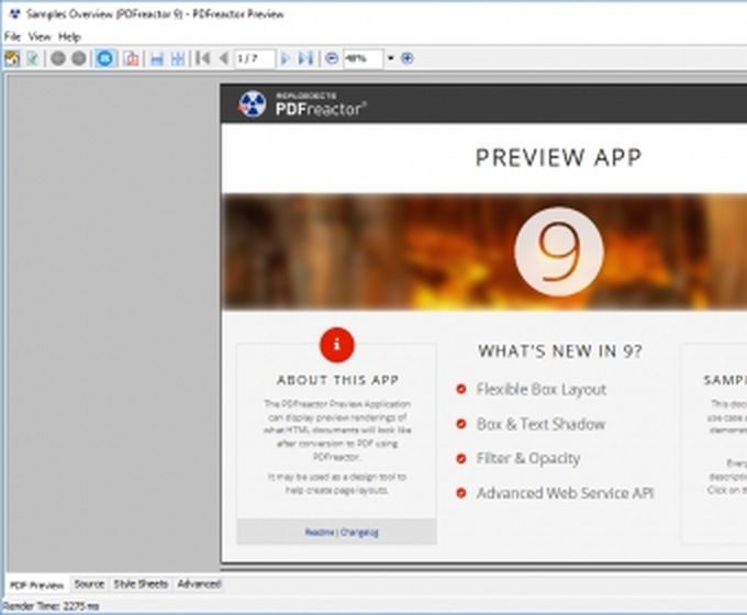 Окно PDFreactor Preview с демонстрационным документом и панелью PDF