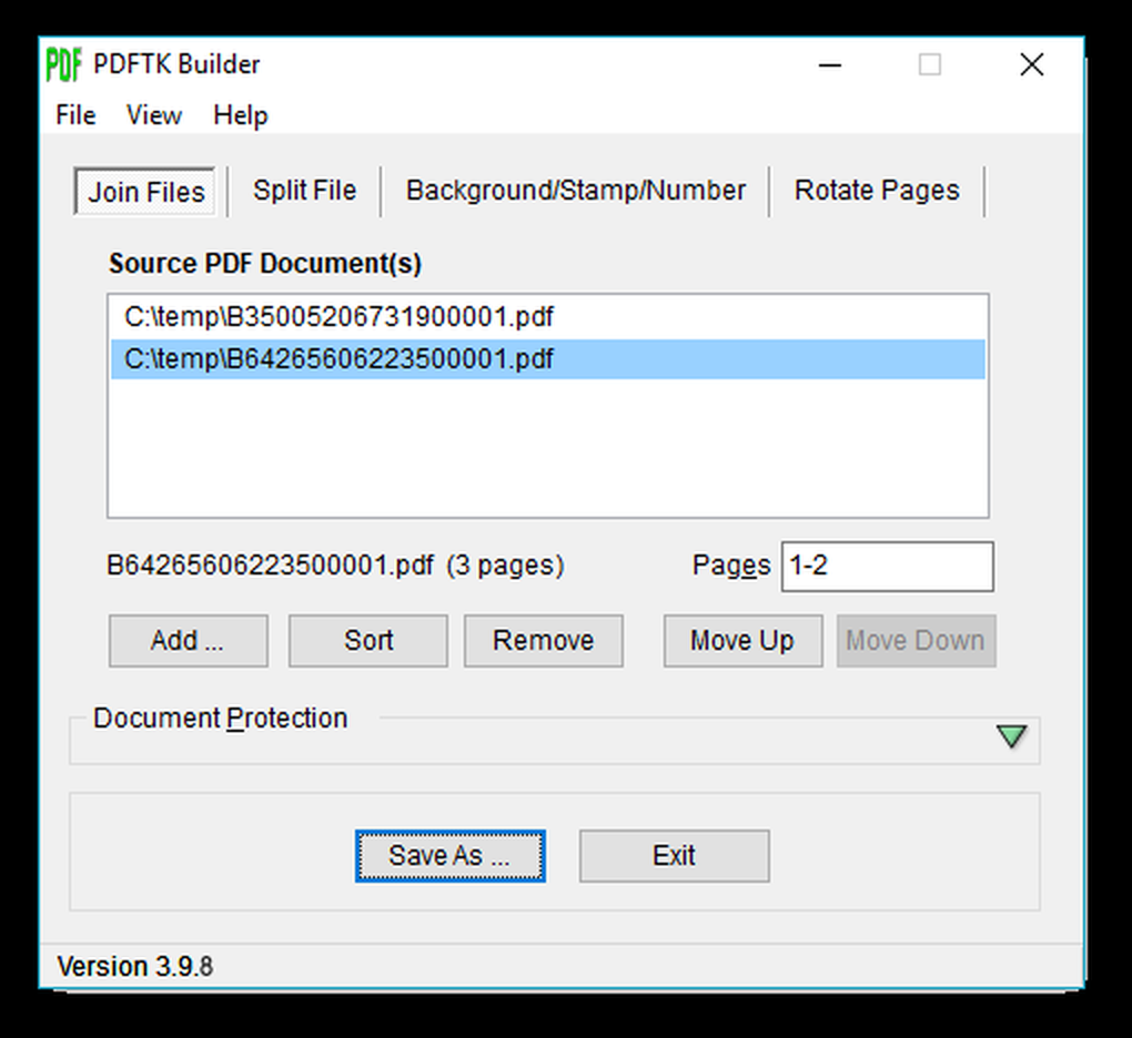 Официальное окно PDFtk Builder 3.9.8 на вкладке Join Files