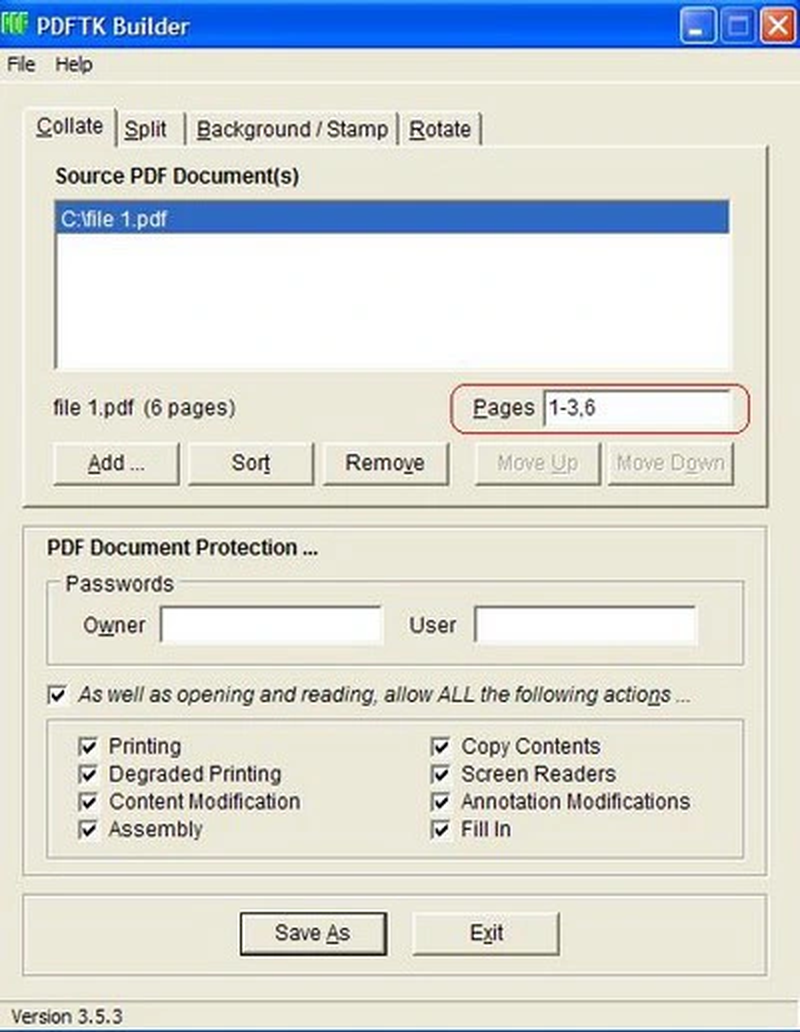 Ввод диапазона страниц на вкладке Collate в PDFtk Builder 3.5.3