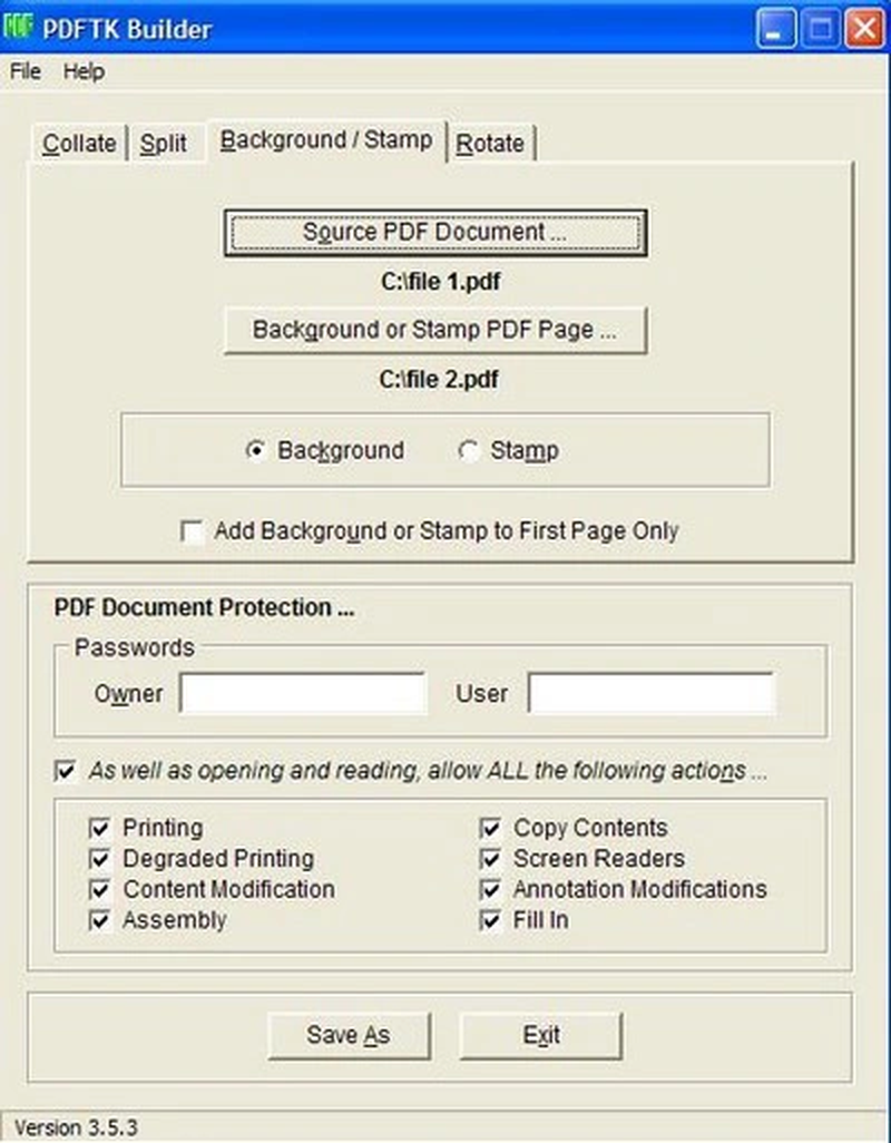Вкладка Background Stamp в PDFtk Builder 3.5.3