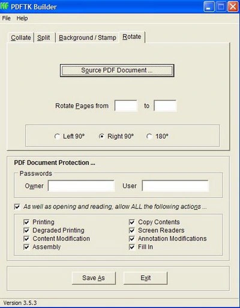 Вкладка Rotate в PDFtk Builder 3.5.3