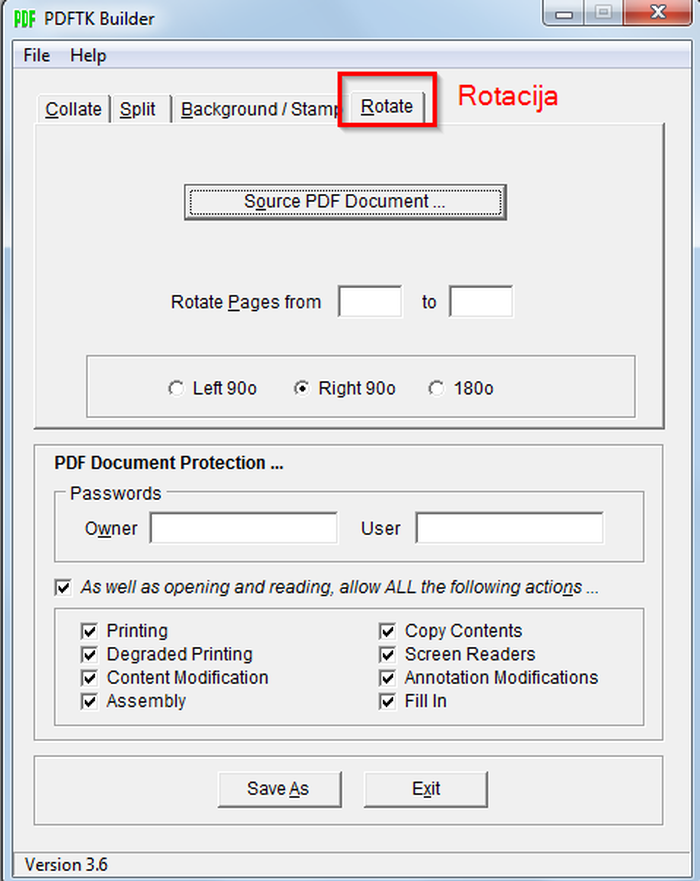 Аннотированный пример поворота страниц в PDFtk Builder