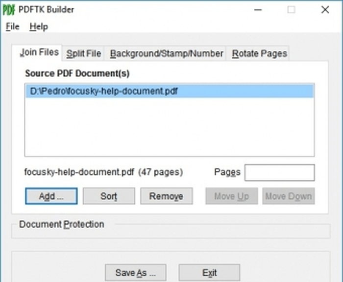 Главный экран PDFtk Builder 3.9 с добавленным документом