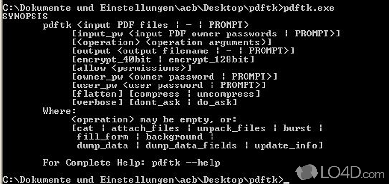 Справка PDFtk Server в командной строке Windows