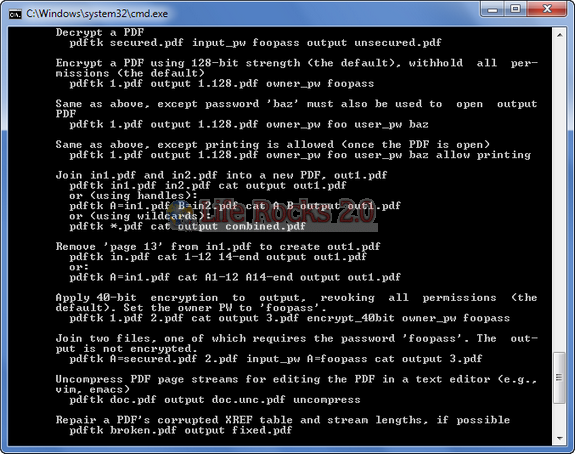 Примеры команд PDFtk Server в окне Windows
