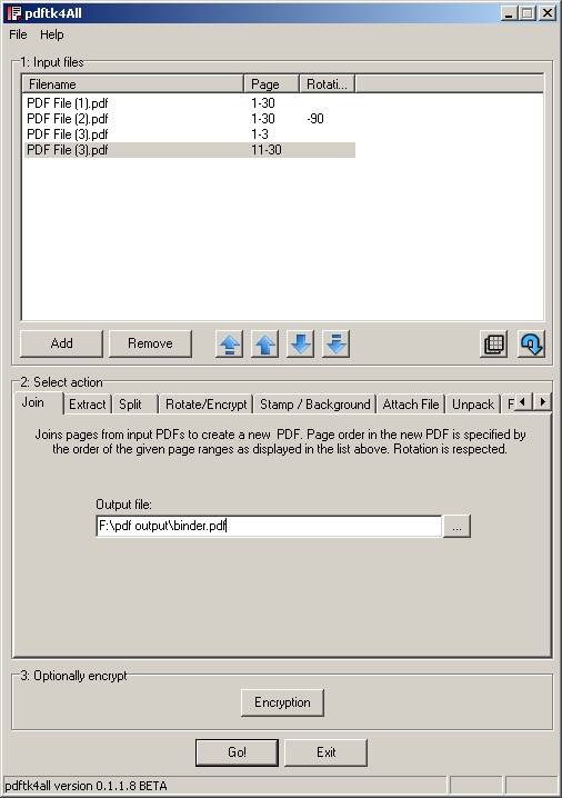 PDFtk4All: вкладка Join со списком исходных PDF, диапазонами страниц и выходным файлом