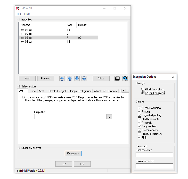 PDFtk4All в руководстве PDFTK Builder Enhanced: Join и окно Encryption Options