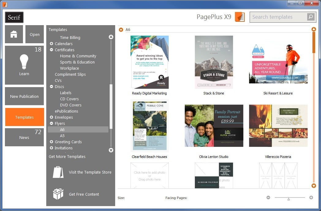 Окно выбора шаблонов PagePlus
