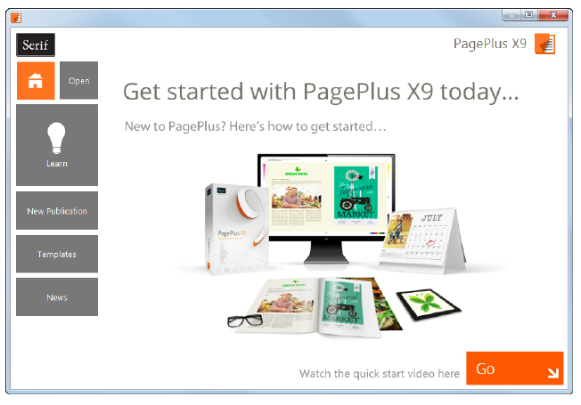 Стартовый помощник PagePlus с командами открытия, обучения и создания публикации