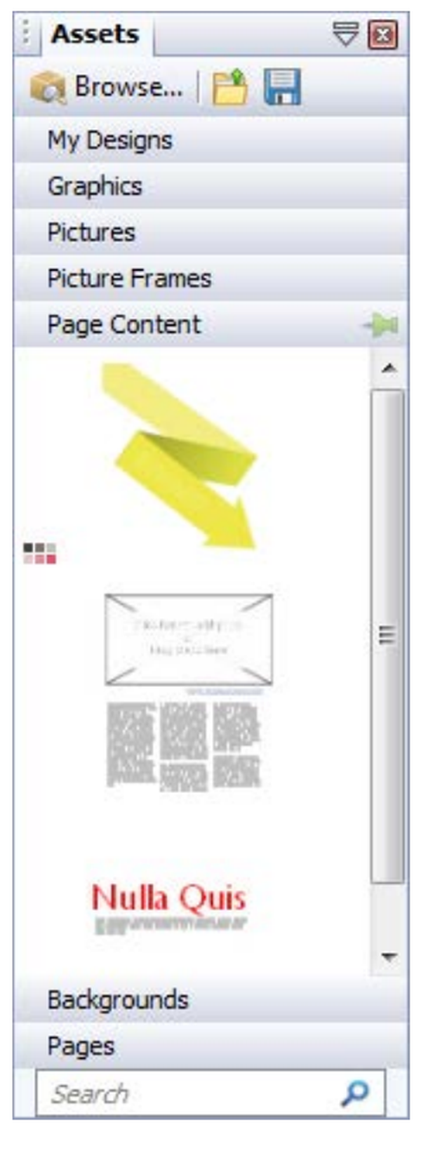 Вкладка Assets с категориями графики, изображений и готового содержимого