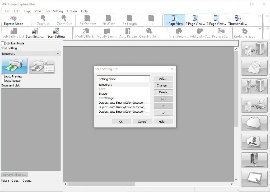 Список профилей Scan Setting в Panasonic Image Capture Plus