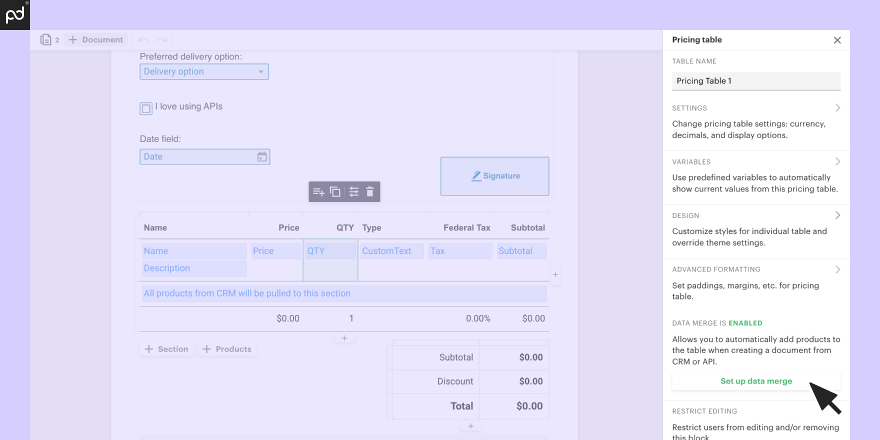 Настройка объединения данных CRM с ценовой таблицей PandaDoc