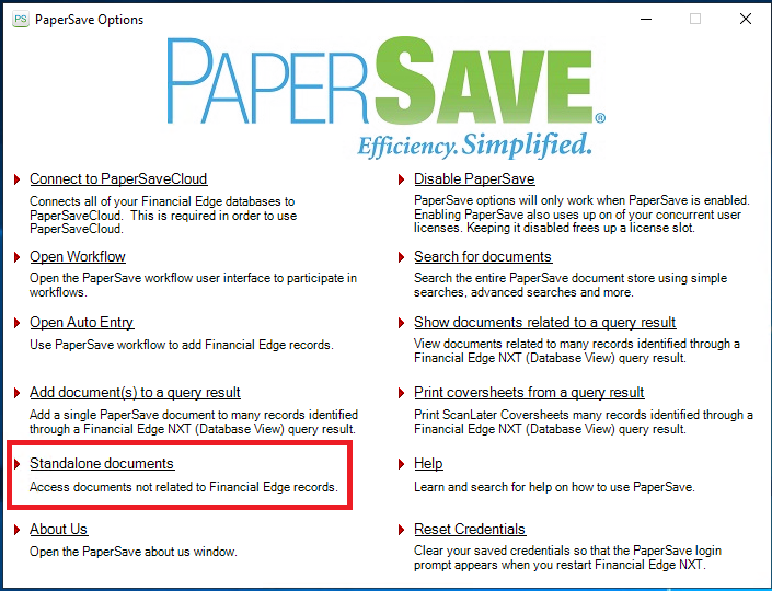 Окно PaperSave Options в Financial Edge