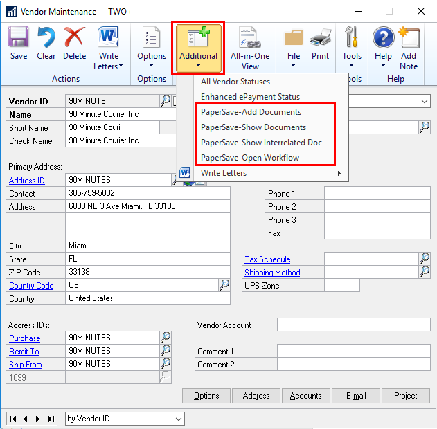 Команды PaperSave в меню Dynamics GP