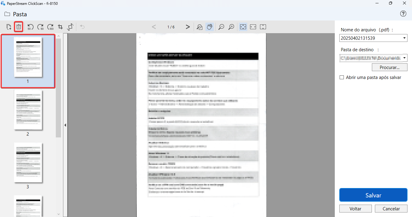 Интерфейс PaperStream ClickScan: удаление лишних страниц