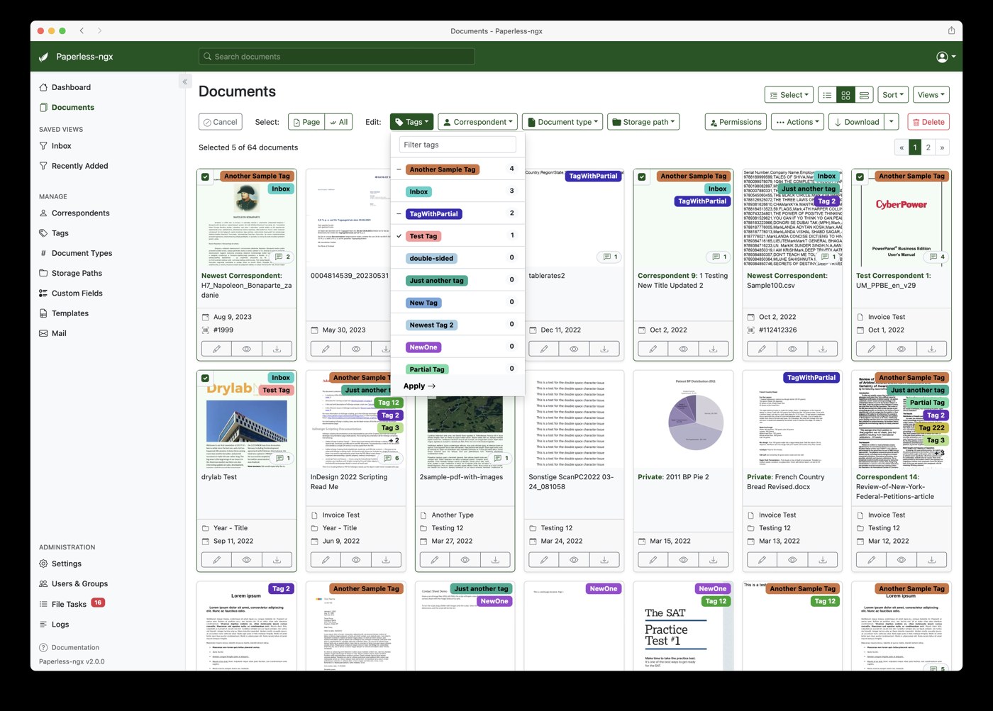 Массовое назначение тегов выбранным документам Paperless-ngx